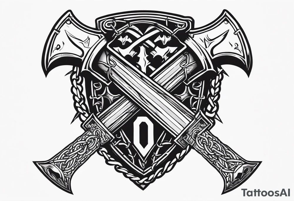 Valhalla  sword shield axe barbed wire chains tattoo idea