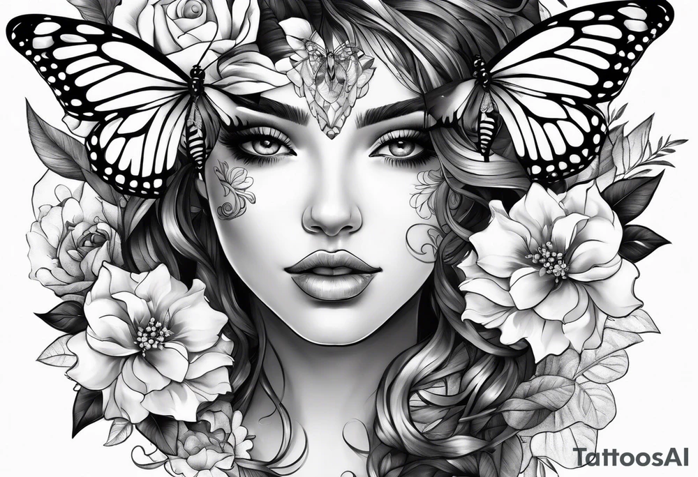 Half face with flowers and butterfly tattoo idea