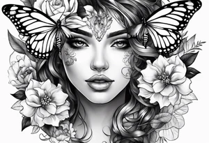 Half face with flowers and butterfly tattoo idea