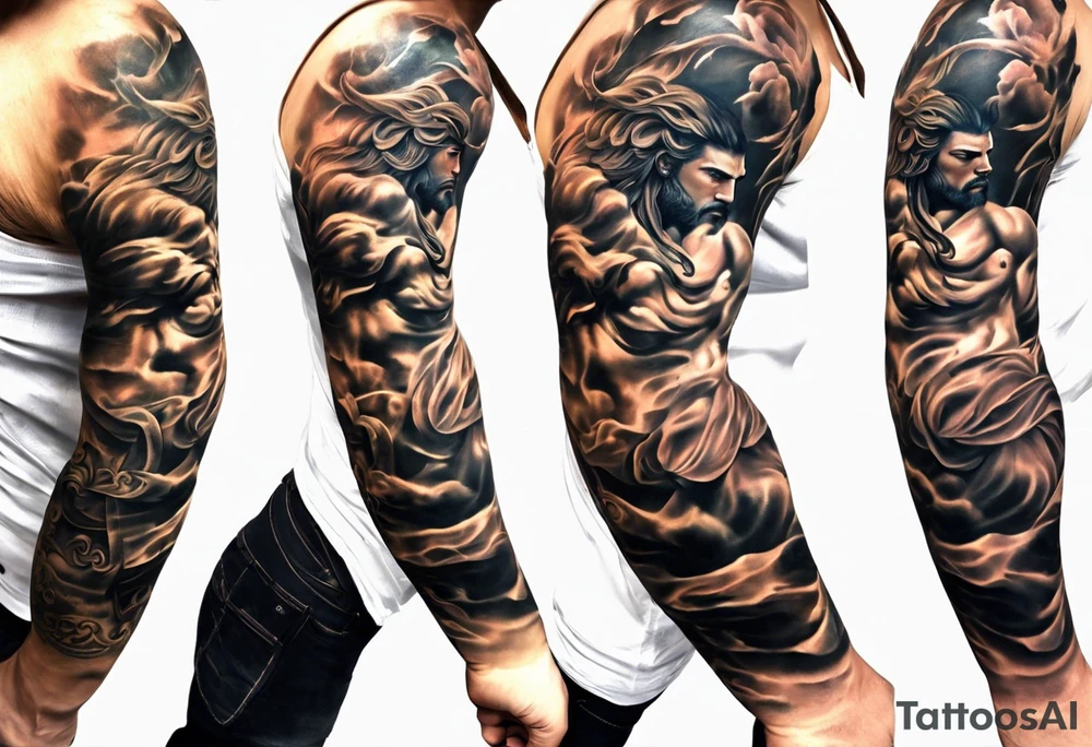 Im a businessman and I had a very long and hard time, chasing my dreams, not giving up, hard work, dedication, focus, heart broken, recovered, pushing hard, got broke and gained again. I like greek gods and I want a full sleeve tattoo exactly telling me the story of my life tattoo idea