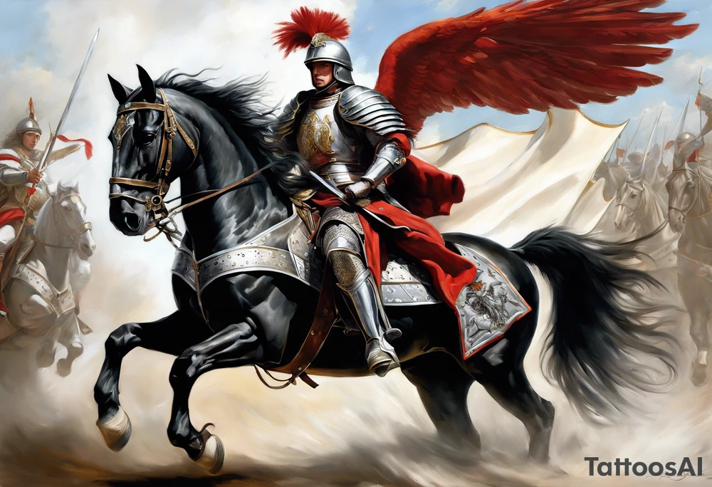 **Main Theme**: A Hussar on horseback in full armor, dynamically portrayed in the middle of a charge. The Hussar's wings are clearly visible, adding dynamics to the composition.
   - Archangel Michael positioned in the background, with a raised sword ready for battle, armed with a shield.
   - The Hussar is holding a banner showcasing the White Eagle.
   - Elements of the Arch tattoo idea