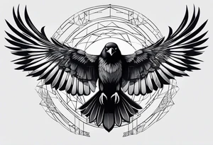crow with open wings, line drawing, geometric, symmetrical, without background, tattoo idea