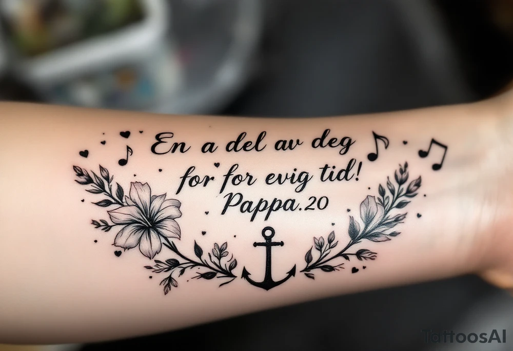 Quote in two rows; En del av deg for evig tid! Pappa, 20.12.24. Surround the quote with long gladioluses, music notes, hearts and an anchor tattoo idea