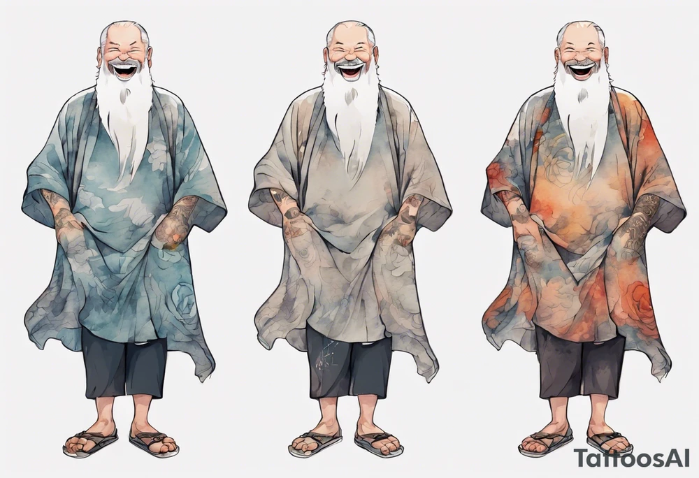 full portrait a large man in a tunic with a grey beard laughing tattoo idea