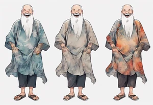 full portrait a large man in a tunic with a grey beard laughing tattoo idea