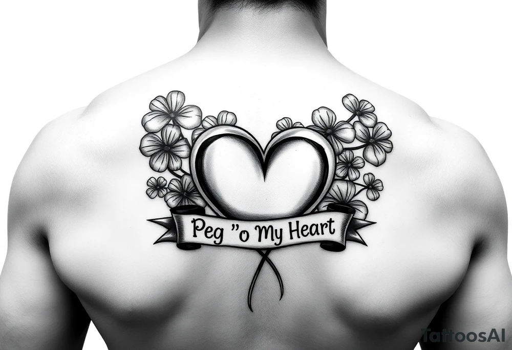 Bunch of shamrocks with a big heart and a banner that says " Peg 'o My Heart " tattoo idea