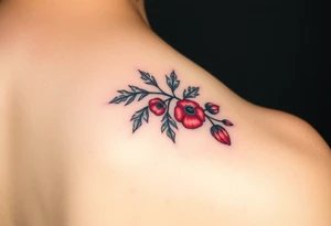 colored tattoo on the shoulder with the image of an oak branch and poppy seeds tattoo idea