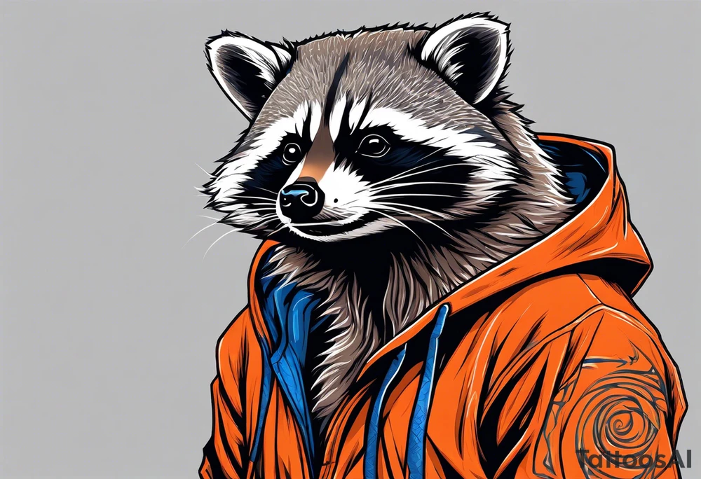 Raccoon wearing an orange Superman hoodie tattoo idea