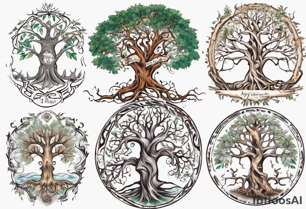 Tree of life with names Amy and Todd wound in trunk and names Madison, Jonathan and Cayden wound through the branches tattoo idea