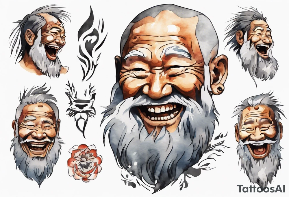 a solitary Cree man with a grey beard laughing tattoo idea