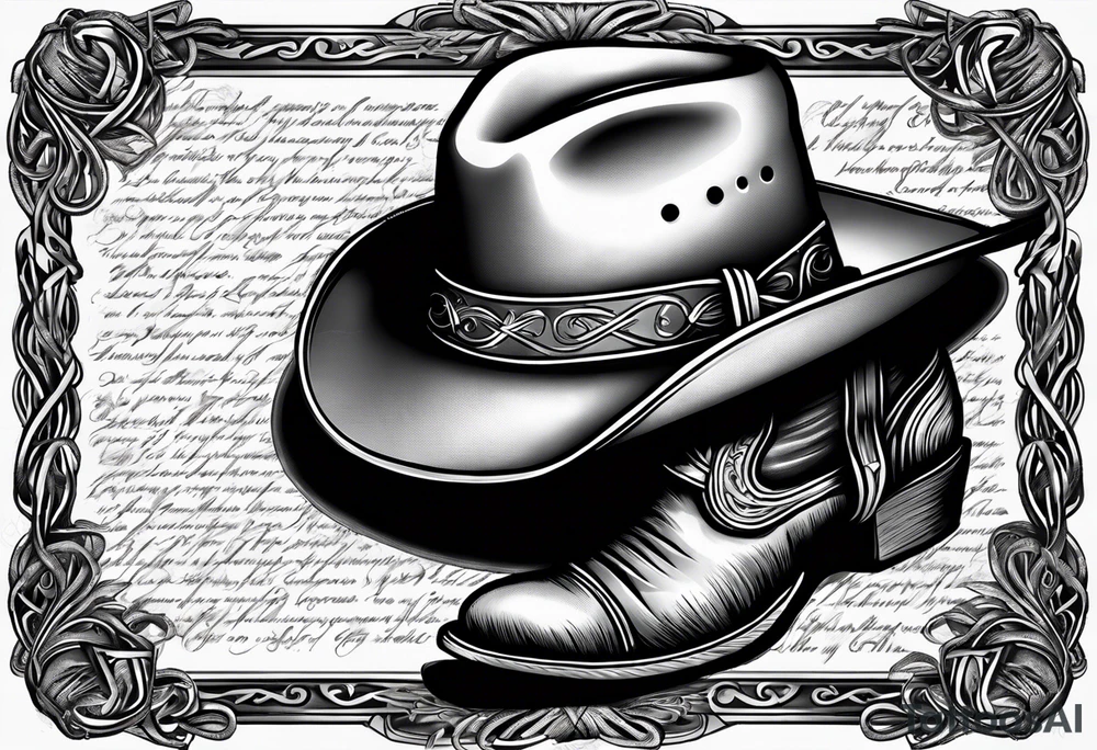 worn cowboy hat and lasso and boots with scroll letter next to it “with a dream in my eye and a prayer in my heart” tattoo idea