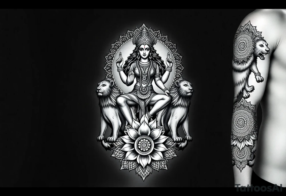 Realistic Durga sat on three lions
Surrounded by lotus chakra and mandala tattoo idea