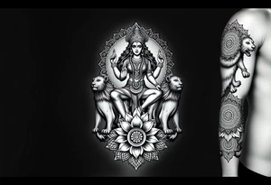 Realistic Durga sat on three lions
Surrounded by lotus chakra and mandala tattoo idea