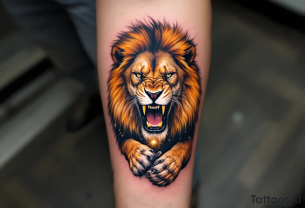 A roaring lion in shades of amber and black cradles the Leo constellation above its paw, traced in delicate white ink. tattoo idea