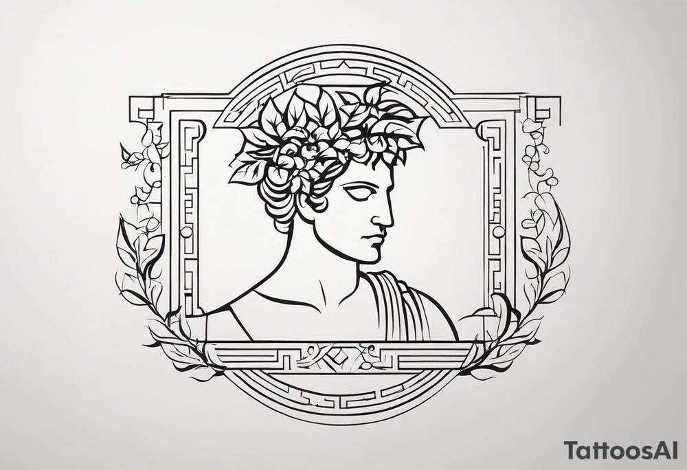 "Create a minimalist tattoo design featuring Dionysus, the Greek god of wine and revelry, with a focus on simplicity and elegance. Consider depicting Dionysus in a stylized form, perhaps using clean lines and geometric shapes to outline his silhouette. Incorporate symbolic elements such as a thyrsus staff or a grapevine to represent his domains of wine and ecstasy. Ensure the design captures Dionysus's essence while maintaining a minimalist aesthetic that reflects the sophistication of ancient Greek art." tattoo idea