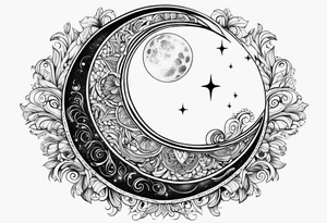 Waning crescent moon over sun tattoo idea