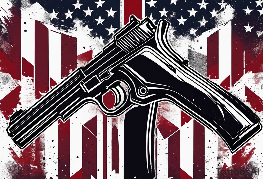 Distressed American flag behind cross with 2 guns leaned on it tattoo idea