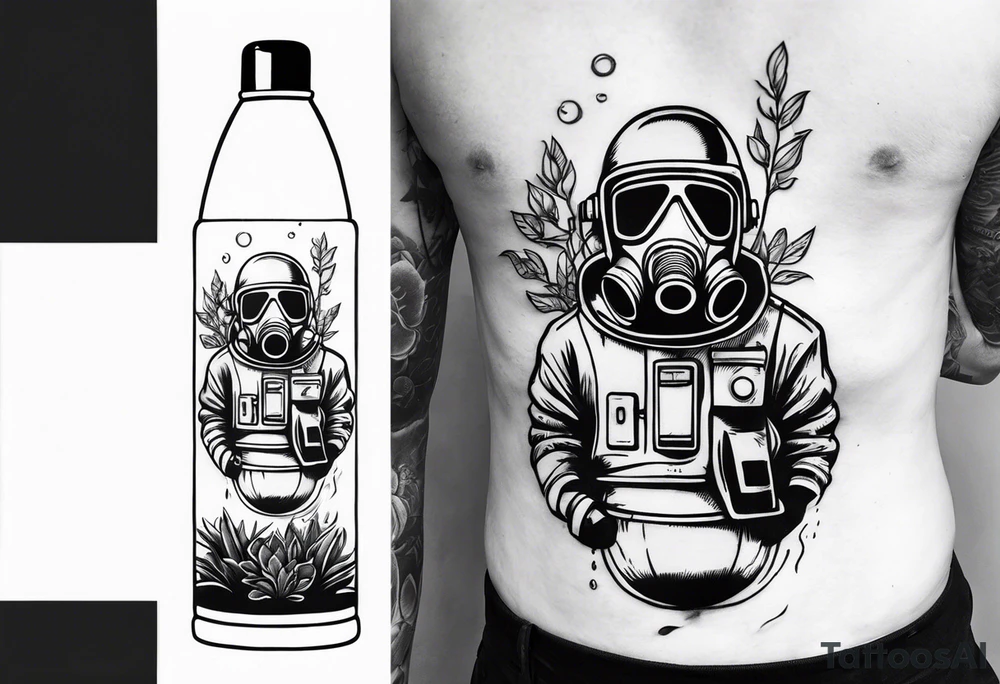 chernobyl radiation suit with cleaning tank spraying a plant tattoo idea