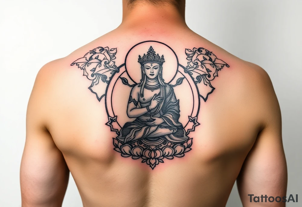 "Tibetan thangka tattoo but deity is a crypto. Geometric patterns, black/red ink." tattoo idea