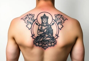 "Tibetan thangka tattoo but deity is a crypto. Geometric patterns, black/red ink." tattoo idea