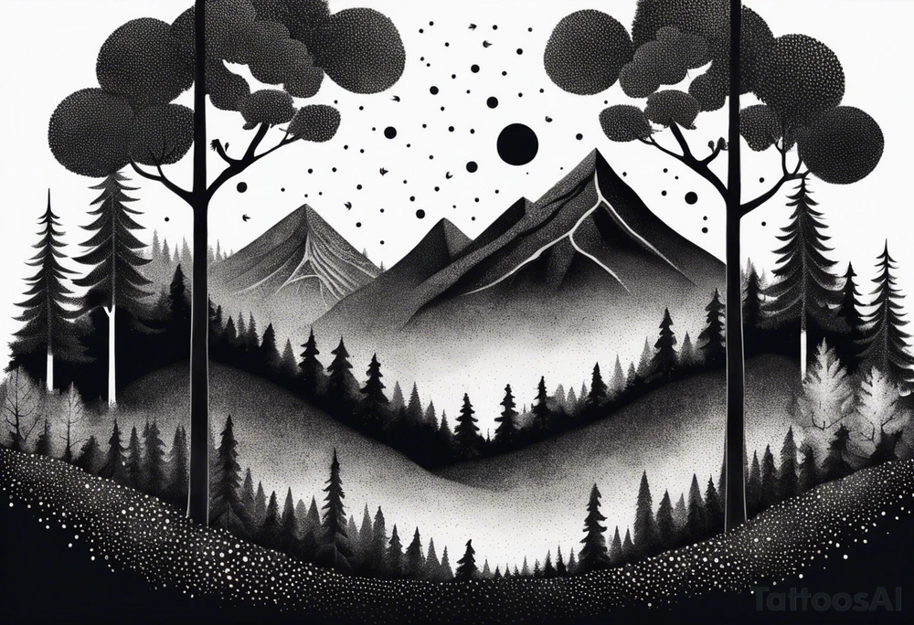 forest along the edges where there are fires below and in the distance with full trees tattoo idea