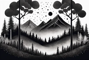 forest along the edges where there are fires below and in the distance with full trees tattoo idea