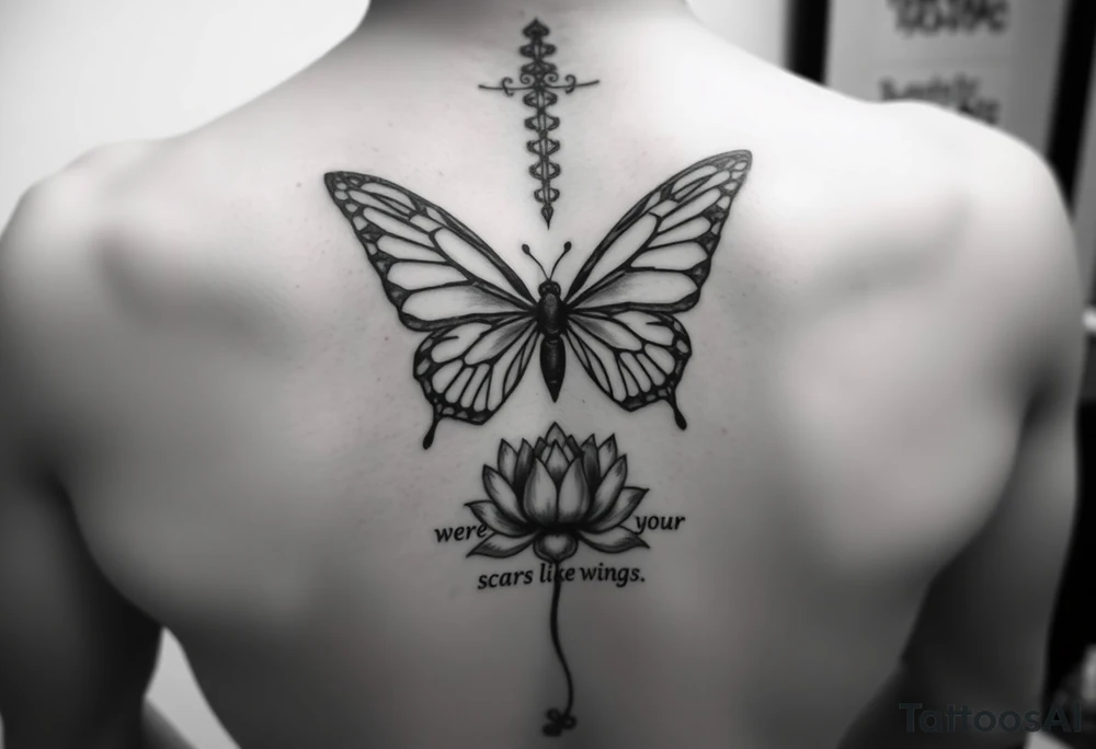 Spine tattoo that has a butterfly with cracked wings and lotus flower with quote that says she wore her scars like wings tattoo idea