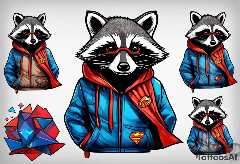 raccoon wearing a Superman hoodie tattoo idea