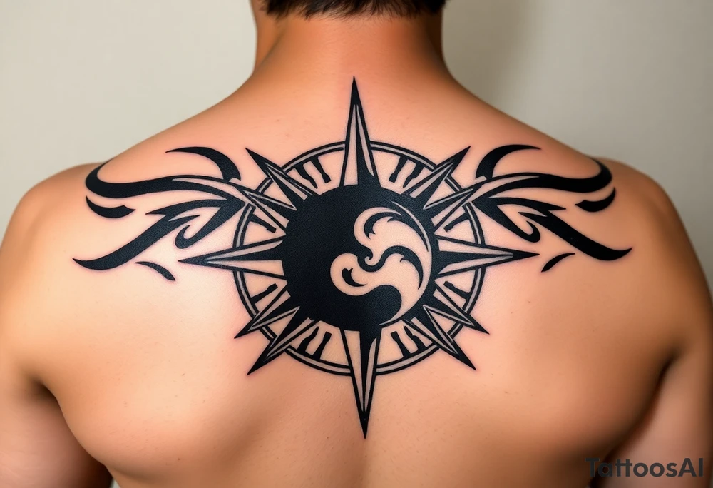 A sharp edged rip curl wave inside of a compass rose tattoo idea