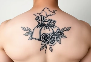 monopoly money bags, roses, cloud smoke, dollar bills tattoo idea