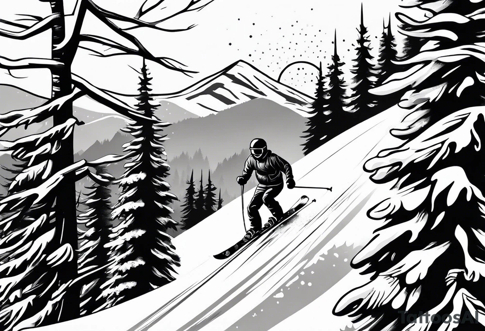 snow skier coming down mountain with large trees tattoo idea