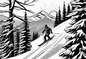 snow skier coming down mountain with large trees tattoo idea