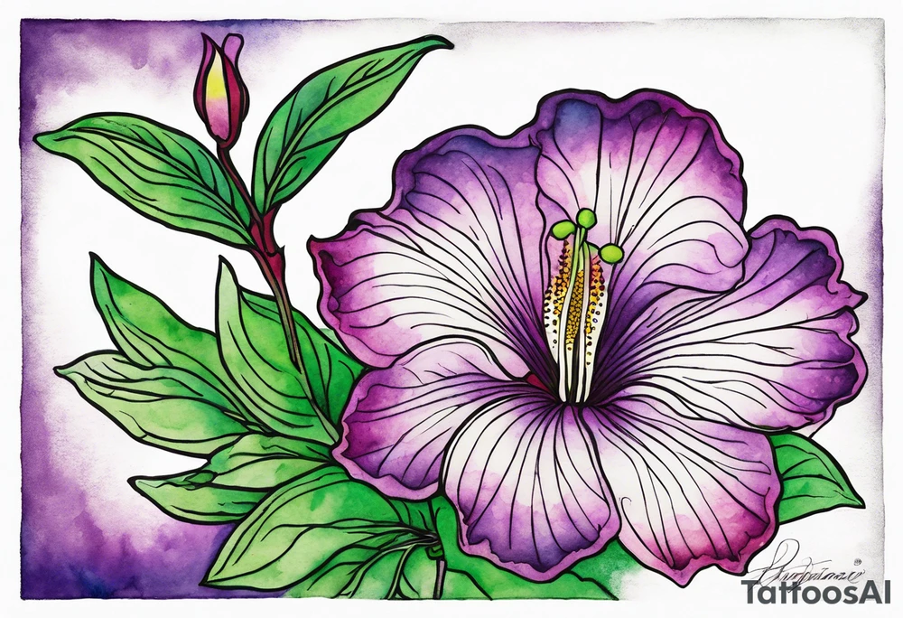 An outline of a rio dipladenia flower with a green and purple watercolor sky in the background tattoo idea