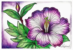 An outline of a rio dipladenia flower with a green and purple watercolor sky in the background tattoo idea