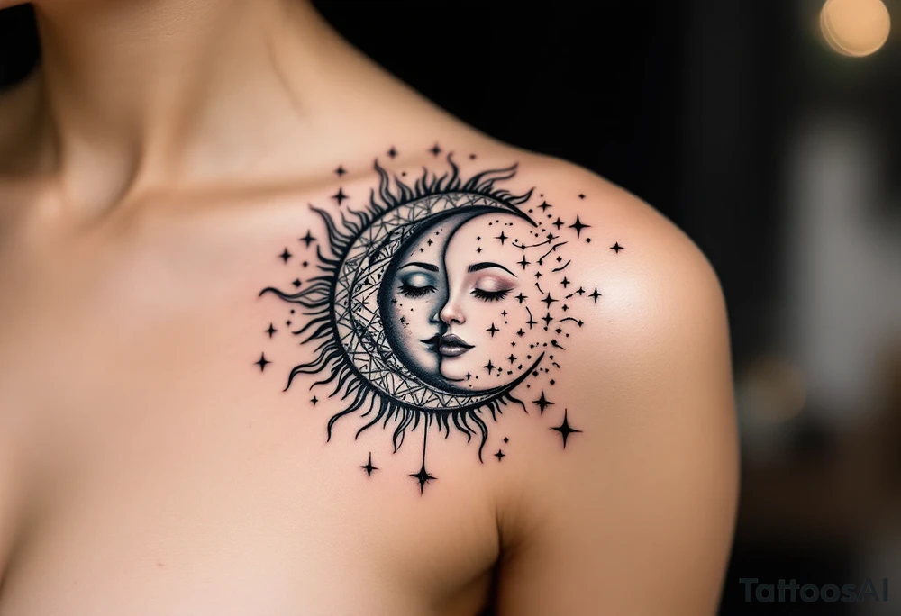 celestial sun and moon embrace with constellation patterns tattoo idea