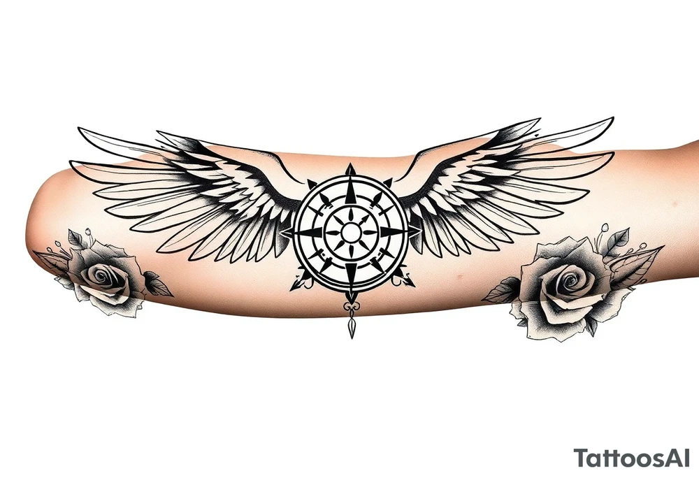 Wing with compass  a clock on elbows with roses tattoo idea