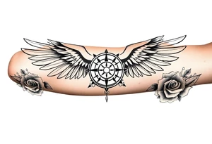 Wing with compass  a clock on elbows with roses tattoo idea