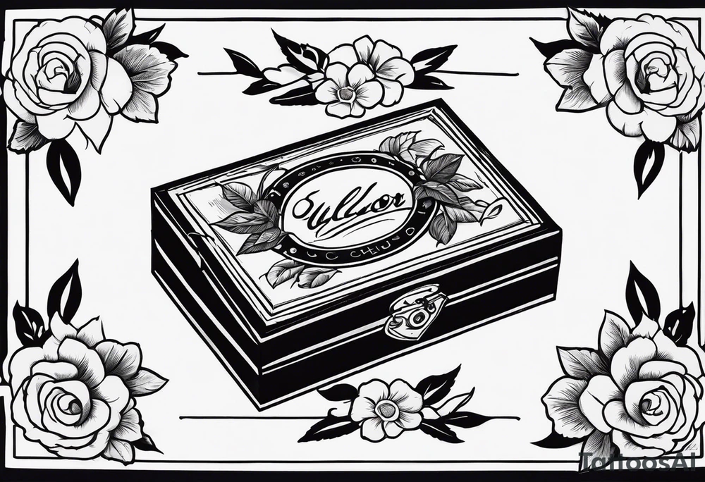 An sailor Jerry style tattoo of a vintage cigar box with one cigar propped up next to it.. surrounding the box is flowers tattoo idea