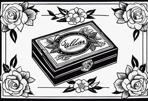 An sailor Jerry style tattoo of a vintage cigar box with one cigar propped up next to it.. surrounding the box is flowers tattoo idea