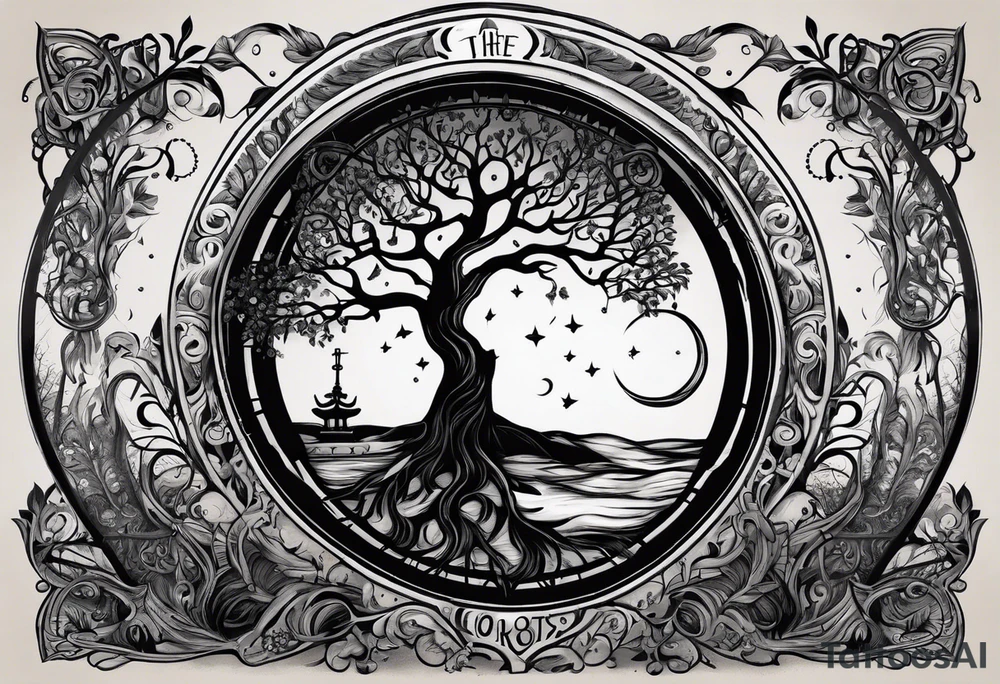circle of life tree
the roots of the tree wrapped around a hour glass sand timer
the hour glass sand timer is below the tree with the roots wrapped around tattoo idea
