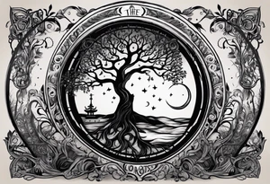 circle of life tree
the roots of the tree wrapped around a hour glass sand timer
the hour glass sand timer is below the tree with the roots wrapped around tattoo idea