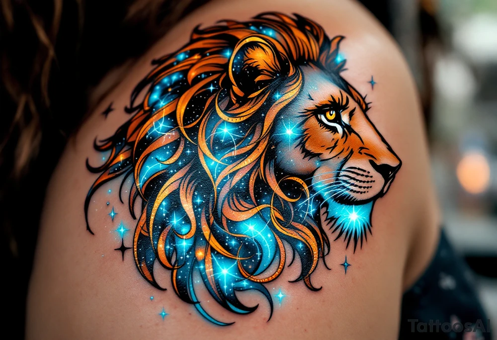 The Leo constellation is woven into the flowing mane of a copper-toned lion, glowing with cosmic blues and silvers. tattoo idea