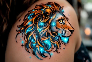 The Leo constellation is woven into the flowing mane of a copper-toned lion, glowing with cosmic blues and silvers. tattoo idea