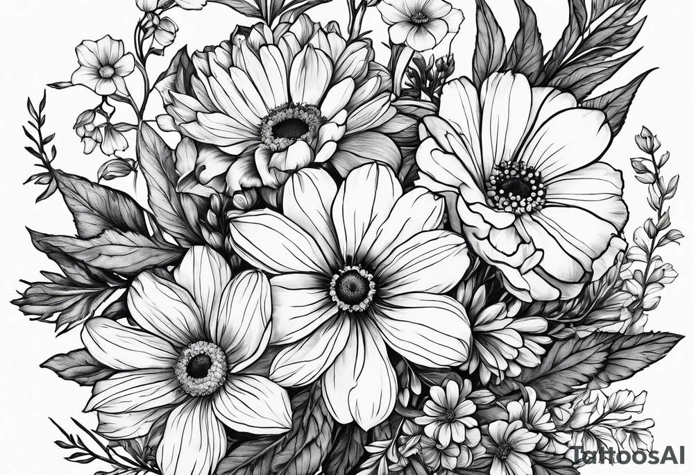 Birth flower bouquet with month’s January, May, November and December tattoo idea