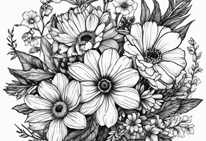 Birth flower bouquet with month’s January, May, November and December tattoo idea