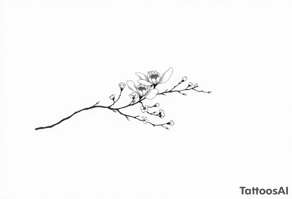 Graceful long magnolia branch with small flowers in early blossom stage tattoo idea