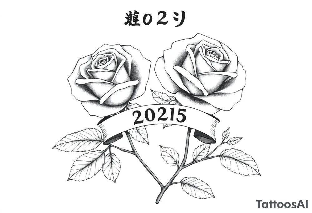 two beautiful large rose buds, one larger than the other, with many leaves and their stems intertwined, with one sitting higher than the other. Include a banner connecting the two roses with "2025" on it.  The word "Rose" written in Kanji above the drawing.  Use dark outlines with little shading. The two stems should be short, not long, and connect and join into one stem, whimsically curved or twisted - not straight down. tattoo idea