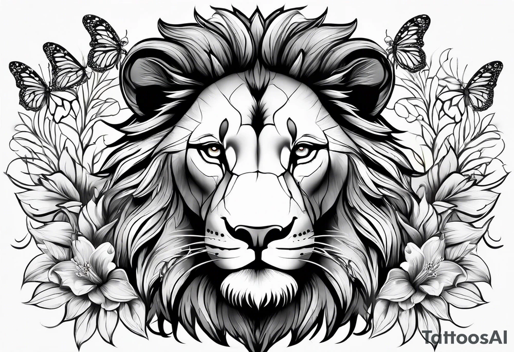 African lion covered in lilies butterflies crown main made of feathers tattoo idea