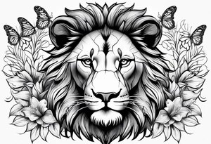 African lion covered in lilies butterflies crown main made of feathers tattoo idea