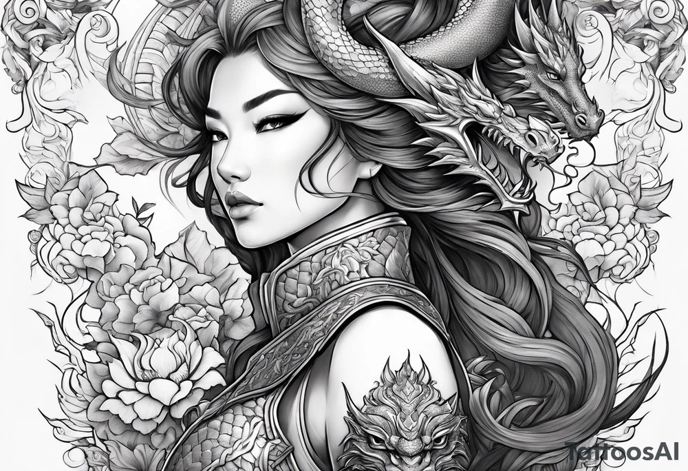 beautiful warrior woman wearing dragon armor and a floral background and a dragon a full picture tattoo idea